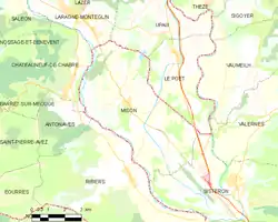 Carte élémentaire montrant les limites de la commune, les communes voisines, les zones de végétation et les routes