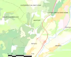  Carte élémentaire montrant les limites de la commune, les communes voisines, les zones de végétation et les routes