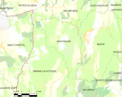 Carte élémentaire montrant les limites de la commune, les communes voisines, les zones de végétation et les routes