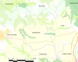 Carte élémentaire montrant les limites de la commune, les communes voisines, les zones de végétation et les routes