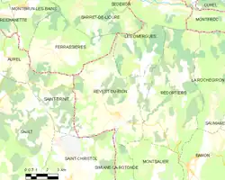 Carte élémentaire montrant les limites de la commune, les communes voisines, les zones de végétation et les routes