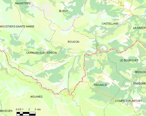 Carte élémentaire montrant les limites de la commune, les communes voisines, les zones de végétation et les routes