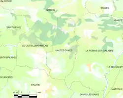 Carte élémentaire montrant les limites de la commune, les communes voisines, les zones de végétation et les routes