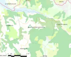 Carte élémentaire montrant les limites de la commune, les communes voisines, les zones de végétation et les routes