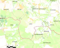 Carte montrant le territoire de la commune et les localités limitrophes.