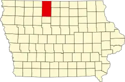 Map of Iowa highlighting Kossuth County. (See its size.)