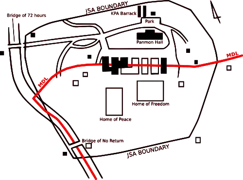 Aujourd'hui, carte du site de la Joint Security Area (la ligne de démarcation est inscrite en rouge).