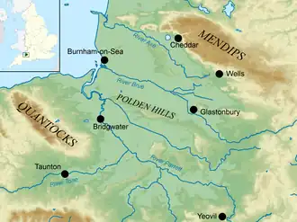 Carte topographie d'une partie du Somerset avec les collines de Quantock à l'ouest.