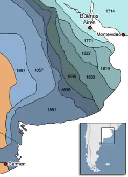 Avancée progressive de la frontière à l'époque de la construction de la Zanja de Alsina (fossé d'Alsina).