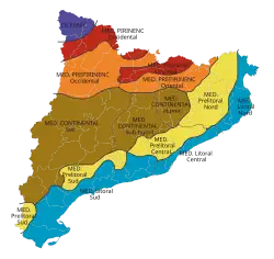 La carte en couleur montre les zones climatiques ; le climat méditerranéen subit diverses inflences.