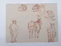 Étude de chien, de chevaux et paysan, dessin à la sanguine musée des Ursulines, Mâcon.