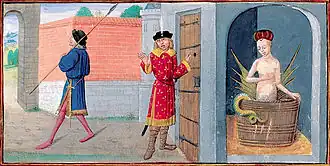 Sur la peinture, trois êtres se trouvent dans ce qui semble un château: un garde à la gauche, un noble au milieu et une femme prenant son bain dans une pièce fermée. La femme possède des ailes et une queue de serpent.