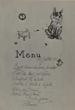 Un menu de repas écrit à la main illustré par les dessins d'une souris et d'un bouledogue