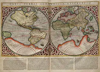 Terra Australis est le vaste continent suggéré en bas de ce planisphère dessiné par Rumold Mercator d'après une carte de son père Gerardus Mercator, 1587.
