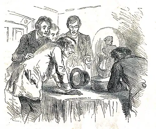 Gravure, visiteurs examinant une prétendue sirène.