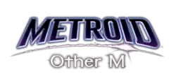 Metroid et Other M sont inscrits sur jeu ligne en lettres légèrement colorées de blanc et de violet sur un fond noir.