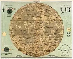 Dessin en couleur orangée sur fond bleu de la Lune, avec de nombreuses caractéristiques nommées.