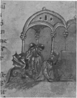 Plus vieille représentation médiévale de la mort de Laocoon et de ses fils. Miniature d'un artiste anonyme du XIVe&nbsp;siècle tirée du Codex Riccardianus 881.