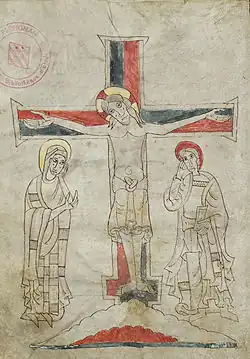 Enluminure médiévale présentatn un Christ en croix entouré de Marie et de Jean.