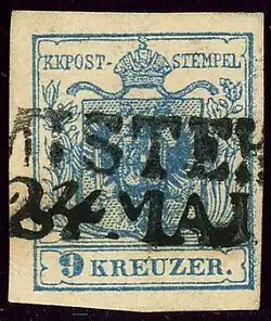 Timbre de l'empire d'Autriche, première émission de 1850, oblitéré « Mistek ».