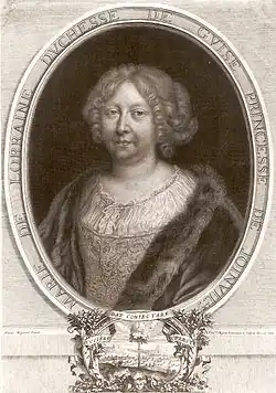 Marie de Lorraine, duchesse de Guise et princesse de Joinville (1684), gravure d'Antoine Masson d'après Pierre II Mignard, Cambridge, Fitzwilliam Museum