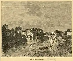 Port de Mont-de-Marsan à la fin du XIXe&nbsp;siècle. Batelerie sur les bords de la Midouze. Le pont de l'Hôtel-de-ville, édifié en 1810, est visible en arrière-plan.