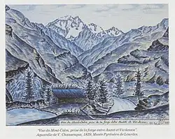 Vue du Mont-Calm, prise de la forge entre Auzat et Vicdessos (dessin aquarellé de Vincent de Chausenque, 1829, musée de Lourdes).