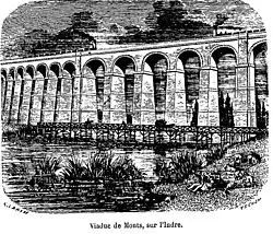 Dessin en noir et blanc d'un viaduc avec ses nombreuses arches.