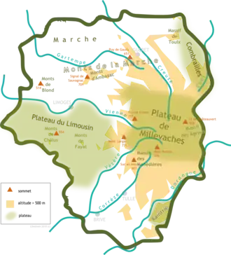 Carte des monts et plateaux du Limousin.