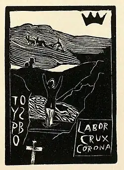Xylographie. Homme de dos, bras levés, face à des montagnes? En haut à droite, une couronne. En bas à gauche, acrostiche