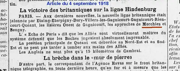 Article de journal mentionnant la libération du village le 4 septembre 1918.