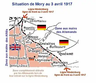Situation de Mory en 1917, en zone britannique, tout près de la ligne Hindenburg.