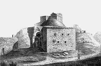 L'église à l'époque où elle était une mosquée ottomane (gravure de 1843),