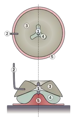 Coupe transversale d'un moulin à bras de type dacique1-Pivot 2-Levier 3-Meule courante 4-Meule gisante 5-Support