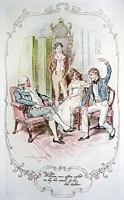 Assis ou debout, trois personnages écoutent un jeune marin