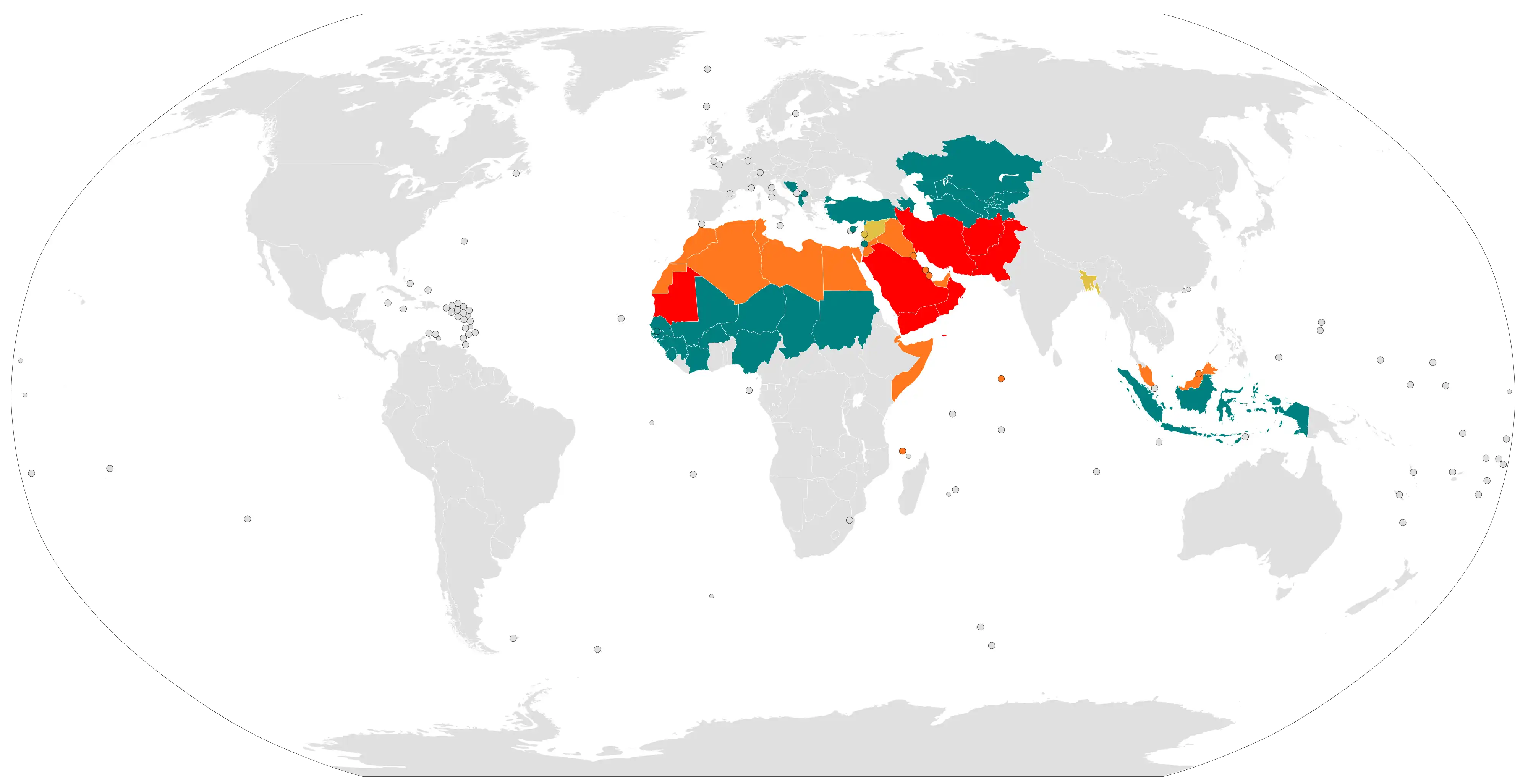 Carte montrant les statuts constitutionnels de l'islam dans les pays à majorité musulmane