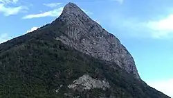 Extrémité de l'arête d'une montagne vue de profil dominant une zone boisée.
