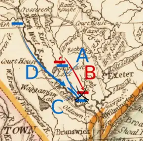 Caswell moves south from Corbett's ferry to Moore's Creek. Lillington and Ashe move south-southeast from Cross Creek to Moore's Creek along the Cape Fear River. Moore follows Lillington and Ashe, but does not reach Moore's Creek.