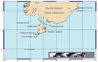 Carte de l'île Stewart avec les îles Solander à l'ouest.