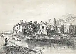 Gravure du dix-neuvième siècle montrant les ruines d'une abbaye le long d'un canal.