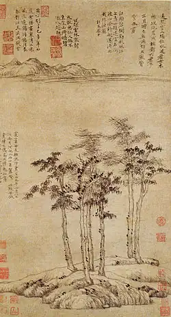 Six gentilshommes, daté de 1345, peinture et calligraphie de Ni Zan, quatrain de Huang Gongwang. Dynastie Yuan. Rouleau mural, encre sur papier, 61,9&nbsp;×&nbsp;33,3&nbsp;cm, Shanghai Museum.