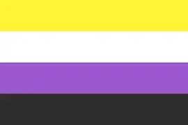 Drapeau composé de quatre bandes verticales, de haut en bas : jaune, blanc, violet, noir.