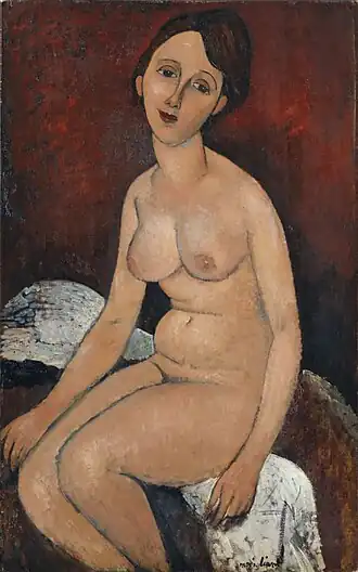 Peinture d'une femme assise nue devant un fond vermillon
