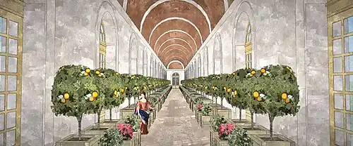 Proposition de restitution de l'intérieur de l'Orangerie de Saint-Mandé de Nicolas Fouquet, vue depuis le bout de la bibliothèque, 1661.