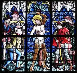 Vitrail néo-gothique réemployant des éléments gothiques dus à Peter Hemmel von Andlau, Église Saints-Pierre-et-Paul, Obernai