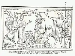 Offa et son père le roi Varmund (illustration du Vitae duorum Offarum de Matthieu Paris, Cotton ms. Nero D I).