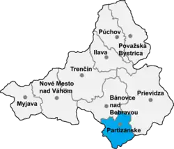 Localisation du district de Partizánske dans la région de Trenčín (carte interactive)