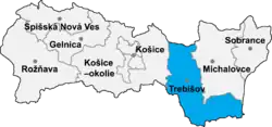 Localisation du distrct de Trebišov  dans la région de Košice (carte interactive)