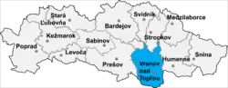 Localisation du district de Vranov nad Topľou dans la région de Prešov (carte interactive)