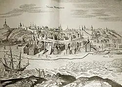 Gravure de 1636, faite sous le règne de Michel Romanov, montrant  Nijni Novgorod et le navire Fréderic pavillonné de l'aigle bicéphale.